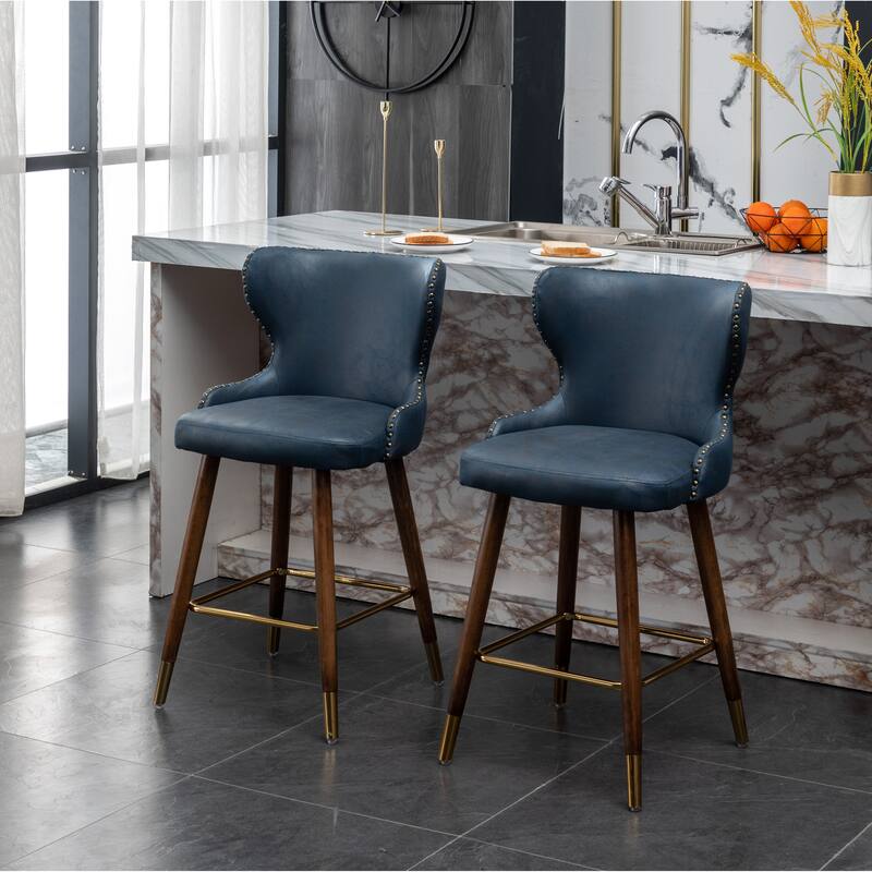 Stylish and Comfortable Counter Stool Set with Tufted Back and Nailhead Trim, Perfect for Any Kitchen or Bar Area.