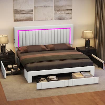 Moasis Velvet Upholstered Platform Bed, Bed Frame with Adjustable Headboard and 4 Storage Drawers