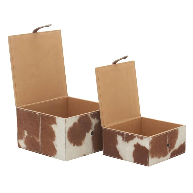 Leather Handmade Decorative Box with Hinged Lid - Set of 2 Gray, Brown, Dark Brown, Gold, Silver - Roche River Decor