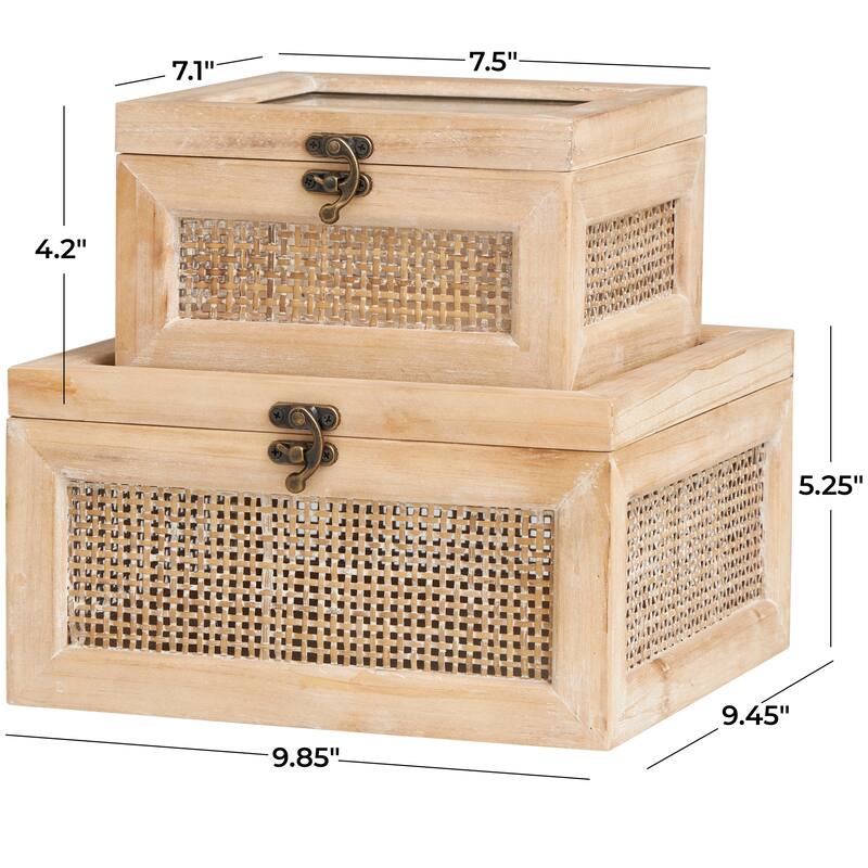 Light Brown Wood Glass Top Decorative Box with Rattan Side Panels and Bronze Hook Closures (Set of 2)