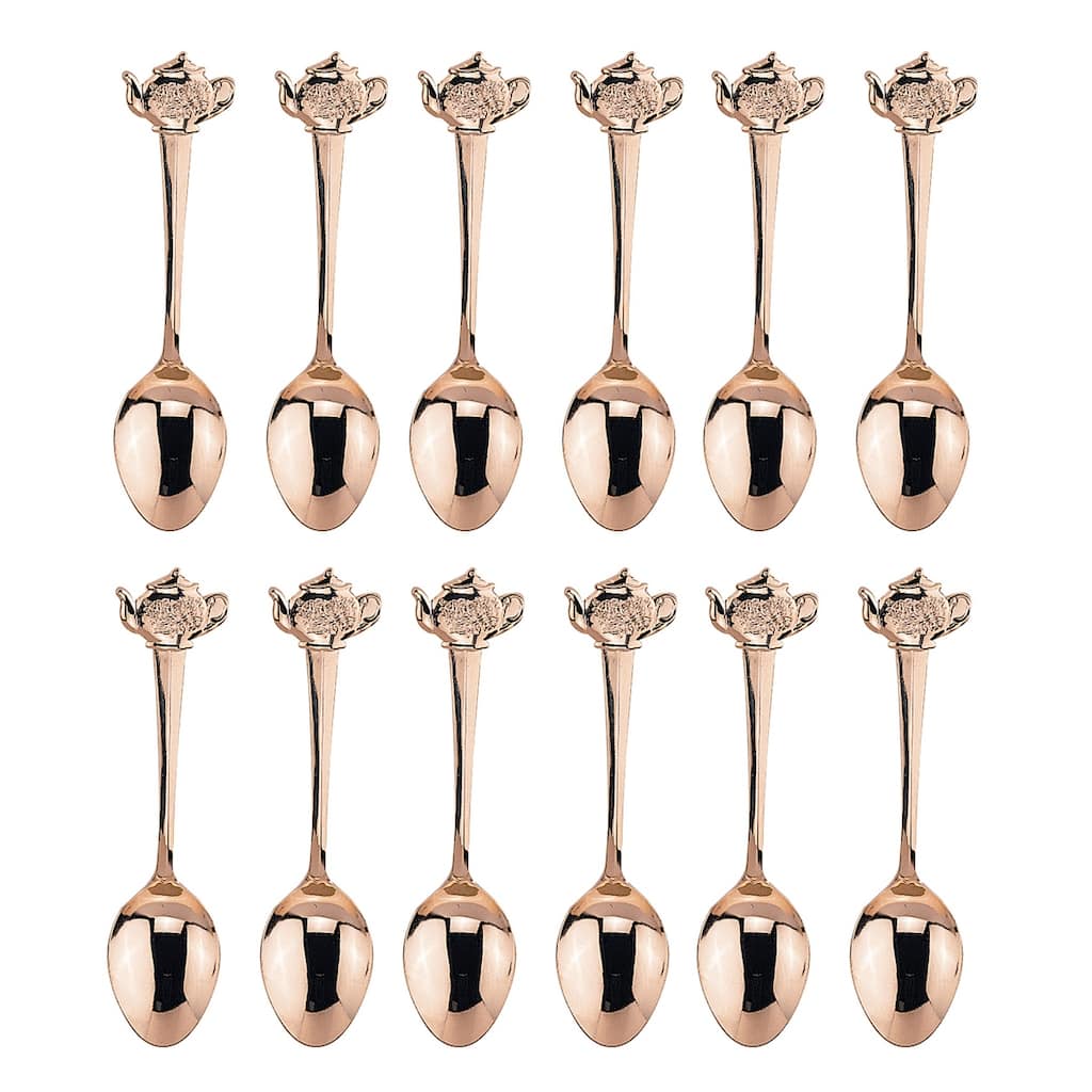 Fino Demi Spoon Set, Teapot Design, Gold Plated Stainless Steel, Set of 12