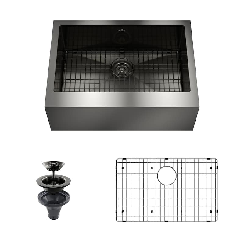 Handmade Stainless Steel 18-Gauge Single Bowl Farmhouse Apron Kitchen Sink in Nano PVD with Bottom Grid and Basket Strainer