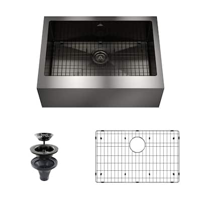 Handmade Stainless Steel 18-Gauge Single Bowl Farmhouse Apron Kitchen Sink in Nano PVD with Bottom Grid and Basket Strainer