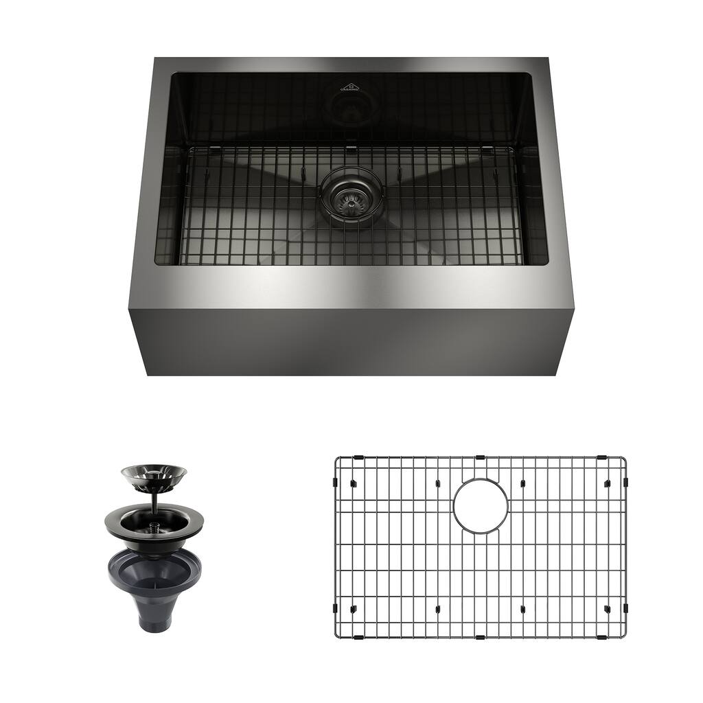 Handmade Stainless Steel 18-Gauge Single Bowl Farmhouse Apron Kitchen Sink in Nano PVD with Bottom Grid and Basket Strainer