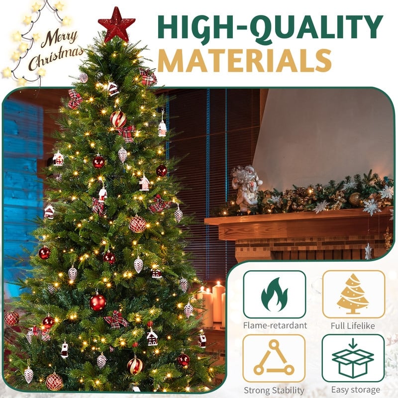 7.5 FT Artificial Christmas Tree with LED Lights, Hinged Xmas Pine Tree with Tree Skirt and Holiday Ornaments for Holiday Party