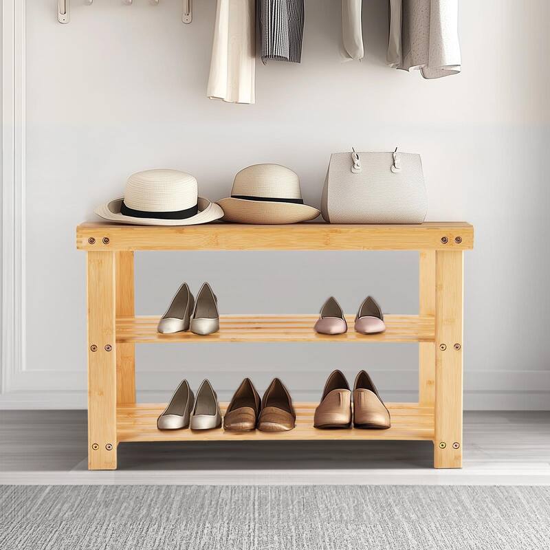 Rossetta 3-Tier Solid Natural Bamboo Compact Storage Shoe Rack Bench, Straightforward Assembly