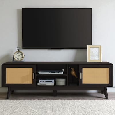 63'' Boho Rattan TV Stand for 65 Inch TVs, Entertainment Console with Cabinets and Open Shelves, Solid Wood Legs