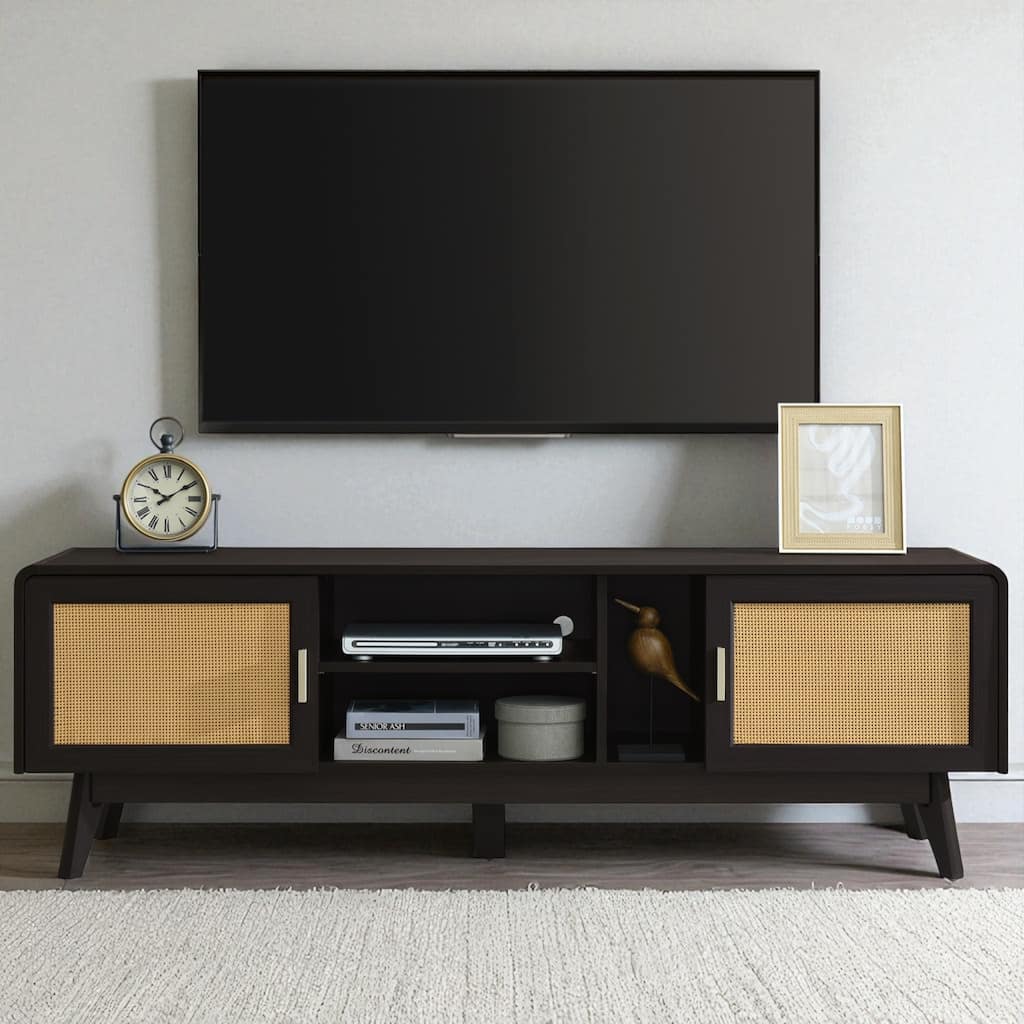 63'' Boho Rattan TV Stand for 65 Inch TVs, Entertainment Console with Cabinets and Open Shelves, Solid Wood Legs