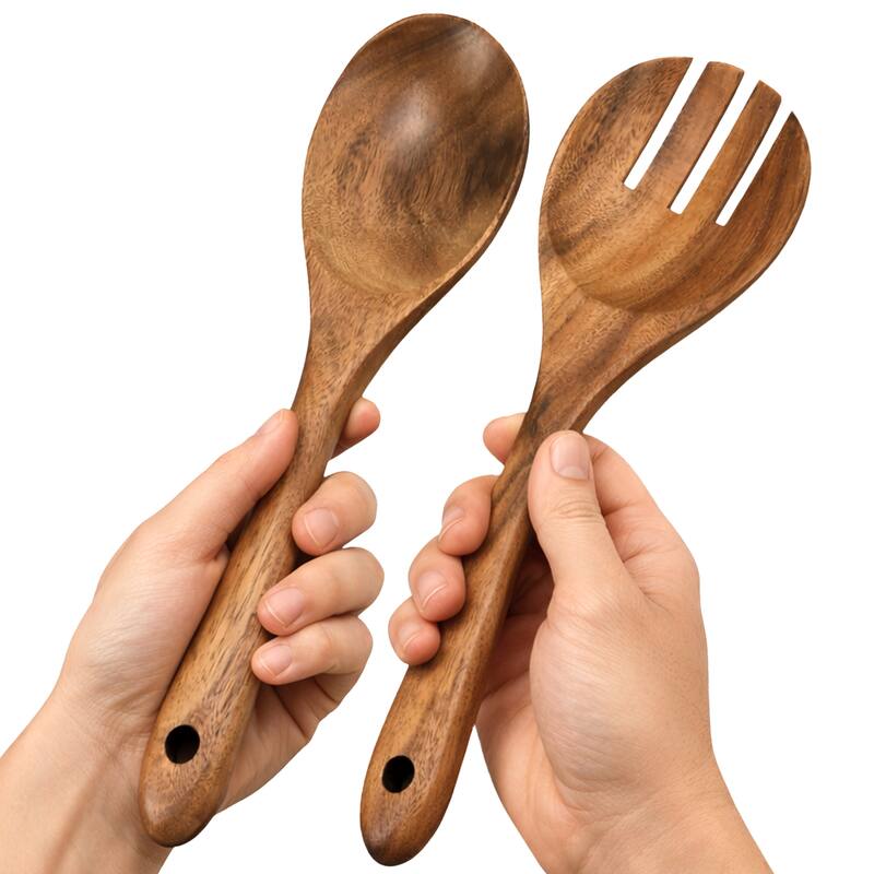 Cheer Collection Teak Wood Salad Spoon and Fork Set with Smooth Finish and Hanging Loop - Brown