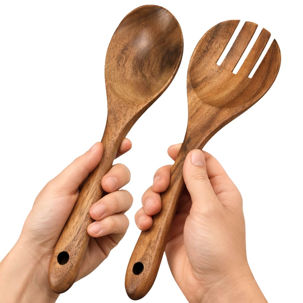 Cheer Collection Teak Wood Salad Spoon and Fork Set with Smooth Finish and Hanging Loop