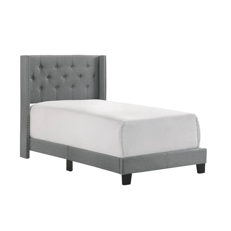 Twin Size Wingback Gray Polyester Fabric Button-tufted Nailhead Trim French Country Style Bed - Gray
