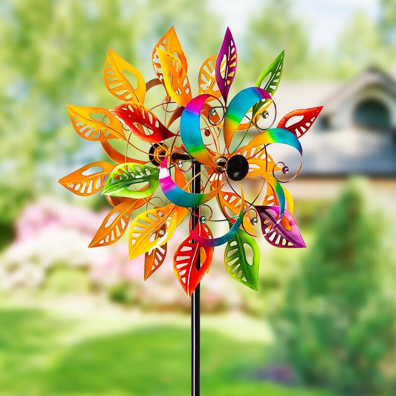 75 in. Colorful Filigree Leaves Metal Wind Spinner