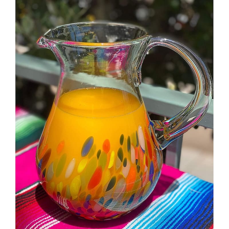 Dos Suenos Mexican Hand Blown Glass Pitcher - Confetti Carmen Design (84 oz)