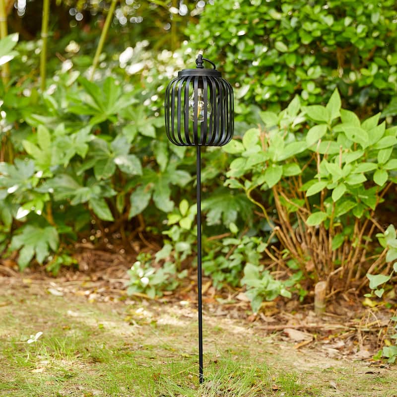Glitzhome Metal Stripes Waterproof Solar Powered Outdoor Lantern with Garden Stake