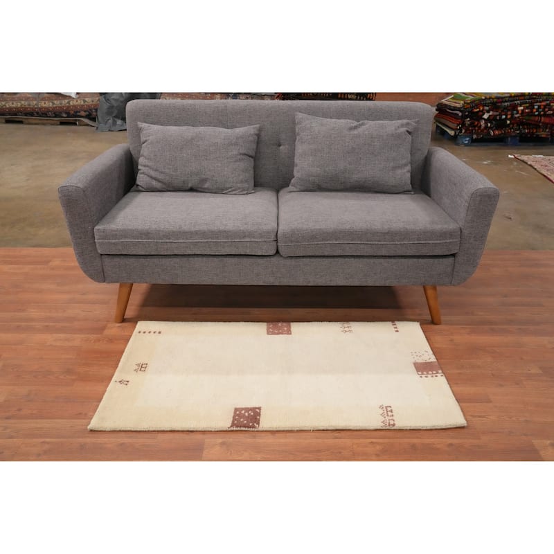 Hand Knotted Oriental 100% Wool Carpet Modern Geometric Beige & Ivories Gabbeh Area Rug - 3' 11'' X 2' 1''