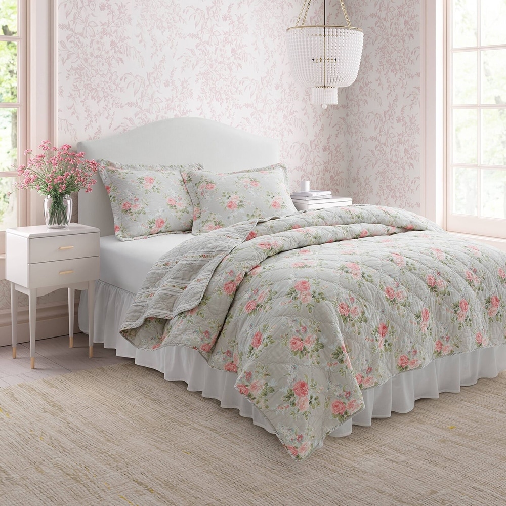 Twin Floral Quilt Set Reversible Extra Soft Lightweight Grey Pink 66 x 88