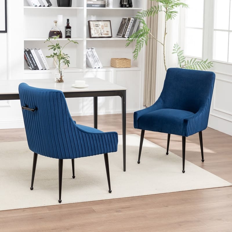 SEYNAR Modern Glam Velvet Black Metal Legs Dining Chair or Vanity Chair Set of 2 with Rear Handle