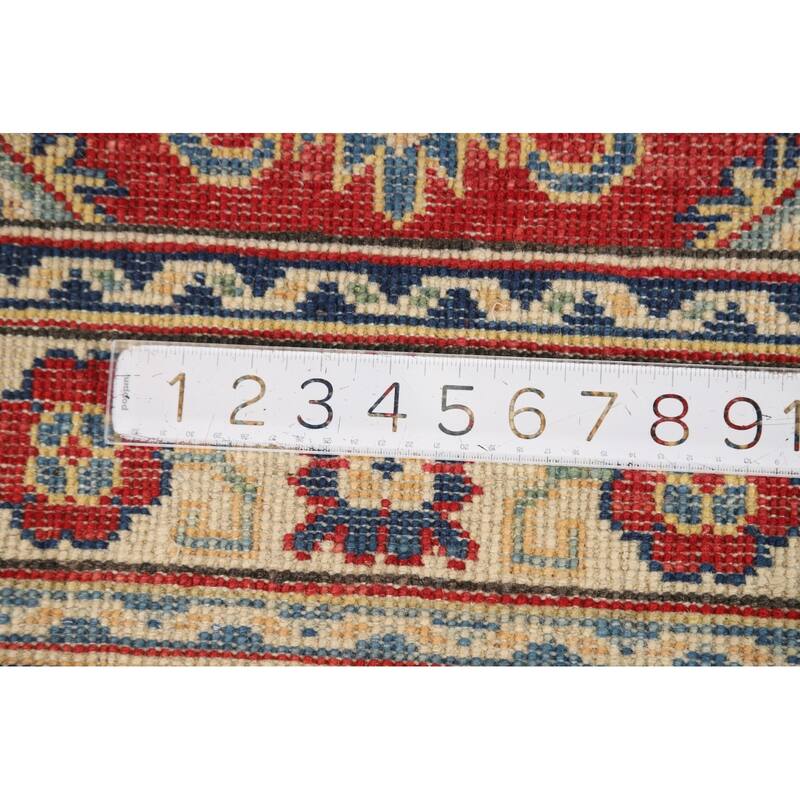 Red Kazak Foyer Rug Hand-Knotted Geometric Wool Carpet - 3'0"x 4'0"