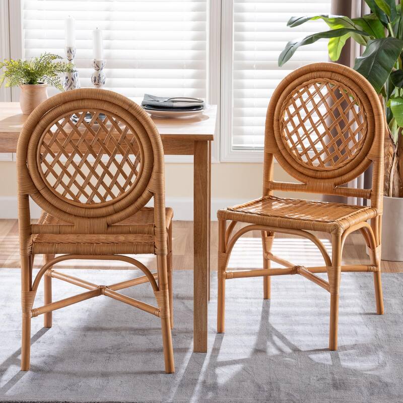 Oxford Round Back Rattan Dining Chair Set of 2 - Handwoven Cane Accent Chairs with Open Lattice Design, Natural Wicker Seating