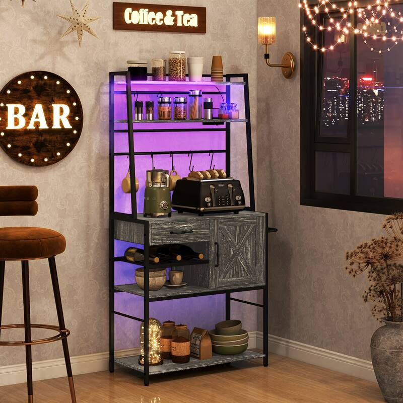 Baker's Rack with Power Outlet and LED Lights, Coffee Bar with Storage Shelves, Industrial Microwave Stand