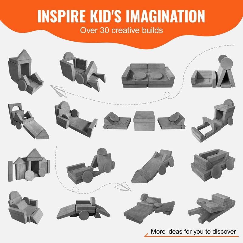 Pure Grey Velvet Modular Kids Sofa with Safe Zippers and 30 Combos - 53.1“L x 26.4” W x 18.5” H