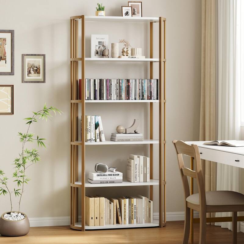 71 Inch Industrial Wooden Bookshelf - 6 Tier Tall Bookcase, Metal Frame Large Storage Shelf - White