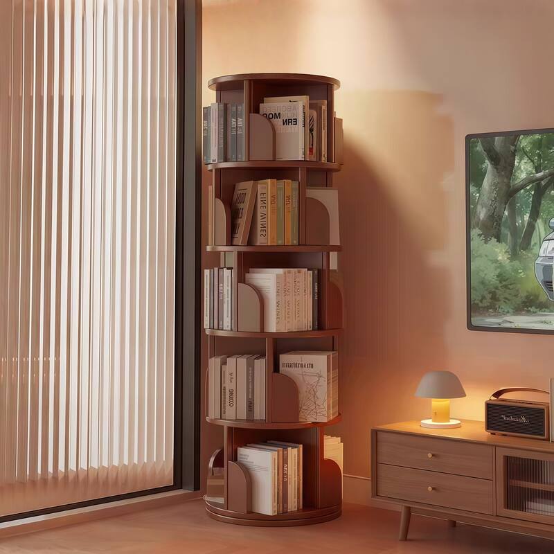 5 Tier Rotating Bookshelf, 360°Display Round Spinning Bookshelf, Space-Saving, Small Space Rotating Bookshelf Tower