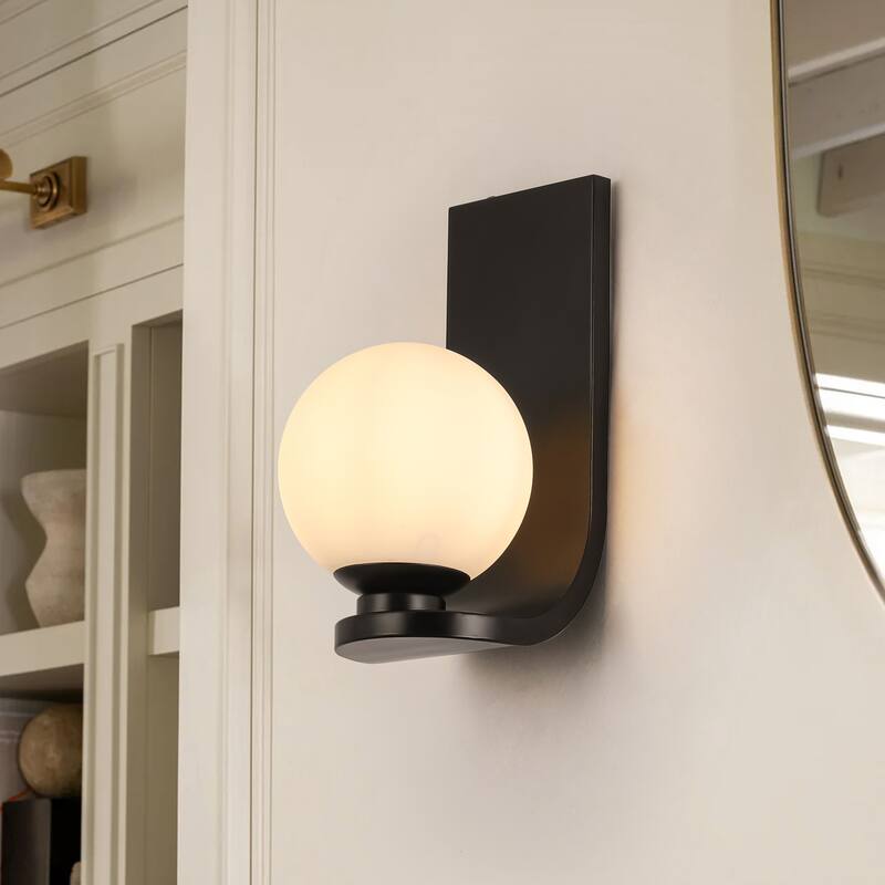 11.8" H 1-Light Modern Farmhouse Black J-Shaped Wall Mount Lighting with Opal Glass Globe Shade