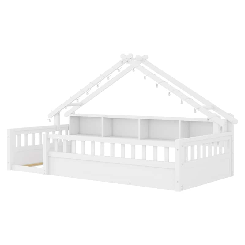 Floor Bed House Bed Frame with Storage Shelf Safety Guardrails