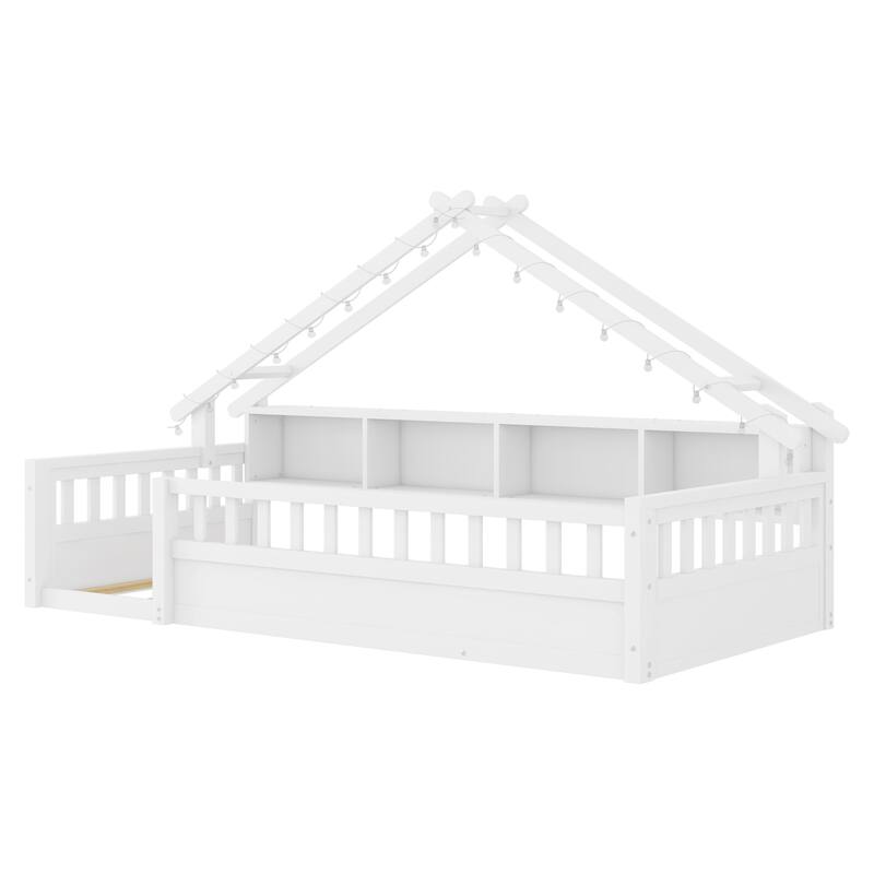 Twin/Full Floor Bed with Storage Bookshelves & Roof Shape for Kids