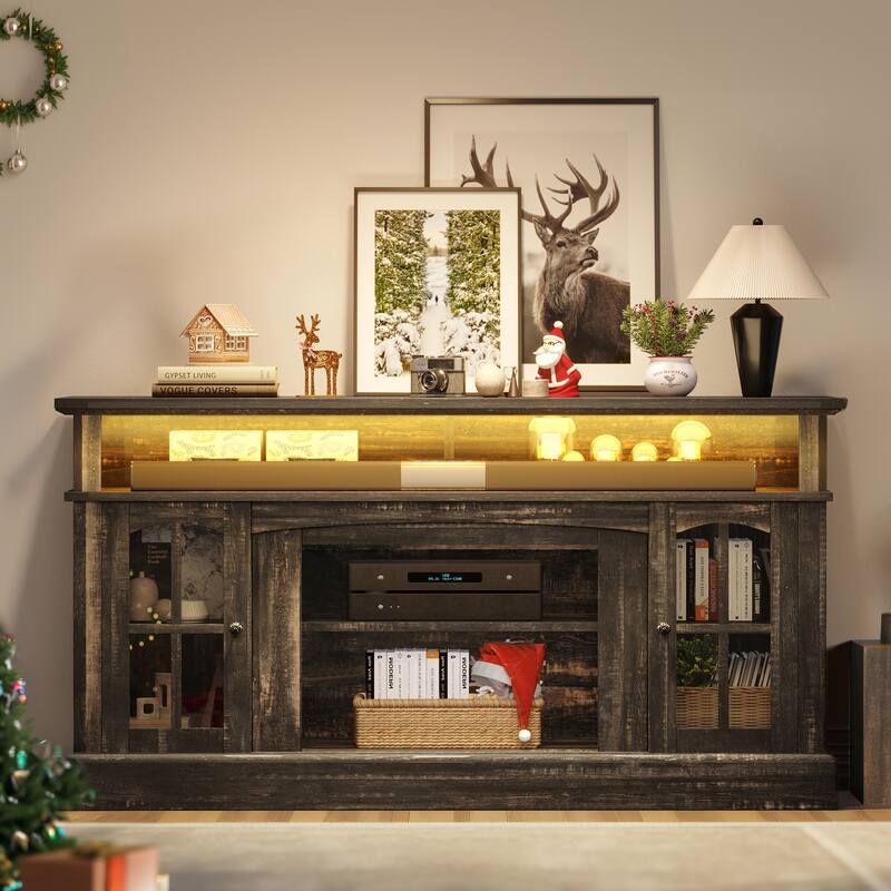 Moasis LED Farmhouse TV Stand Highboy Entertainment Center Media Console with Adjustable Shelves & Glass Doors