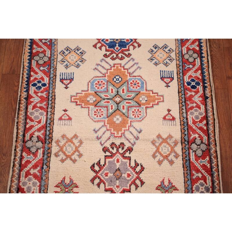 Ivory Geometric Kazak Oriental Foyer Rug Hand-Knotted Wool Carpet - 2'0" x 3'0"
