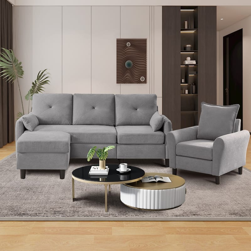 3-Pieces Sectional Sofa Set with Ottoman and Chair - Ash