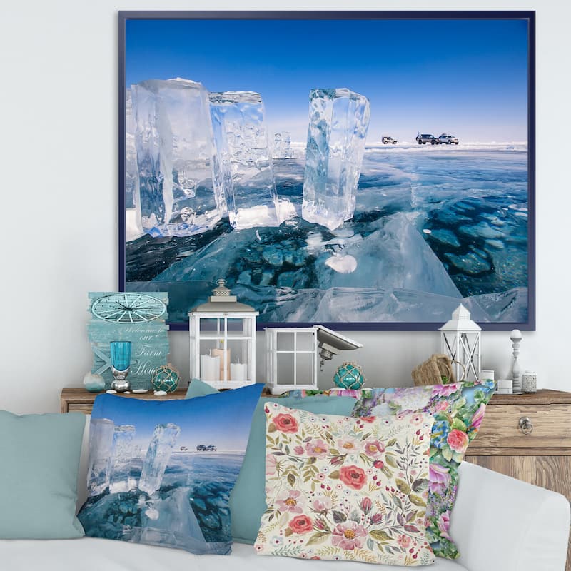 Designart "Blue Ice and Off road Cars" Landscape Artwork Print on Framed Canvas