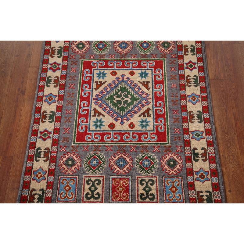 Geometric Grey Kazak Foyer Rug Hand-Knotted Wool Carpet - 2'8" x 3'11"