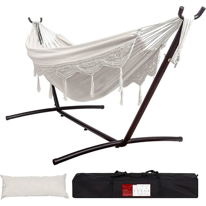 Double Cotton Hammock with Heavy Duty Steel Stand