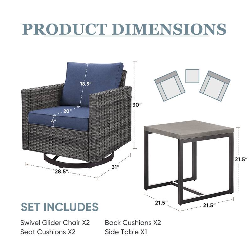 3 Pieces Outdoor Swivel Patio Chairs with Side Table
