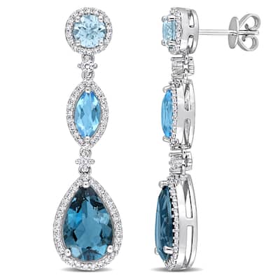 Miadora Blue Topaz, White Sapphire & 5/8ct TDW Diamond 3-Tier Halo Drop Earrings in 14k White Gold