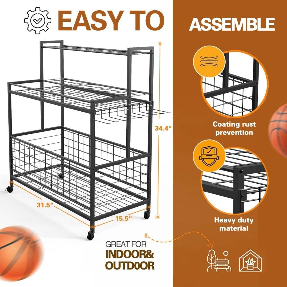 31.5'' Black Sports Equipment Organizer Storage Rack Cart