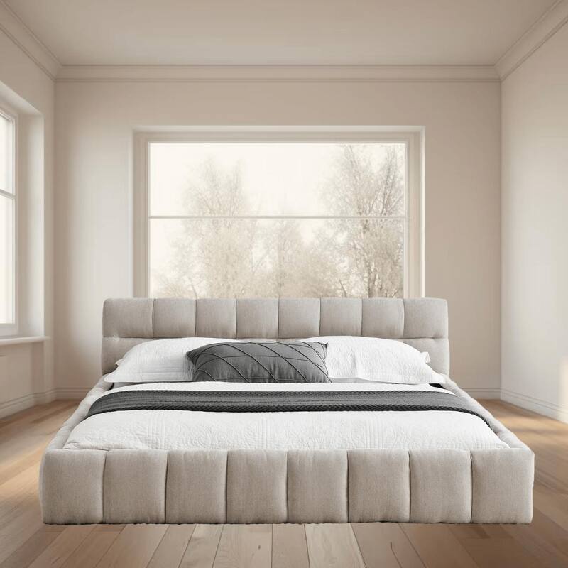 Queen Upholstered Platform Bed Frame with Chenille Fabric, Sturdy Frame, and Headboard, No Box Spring Needed, Bedroom Furniture - Beige - Queen