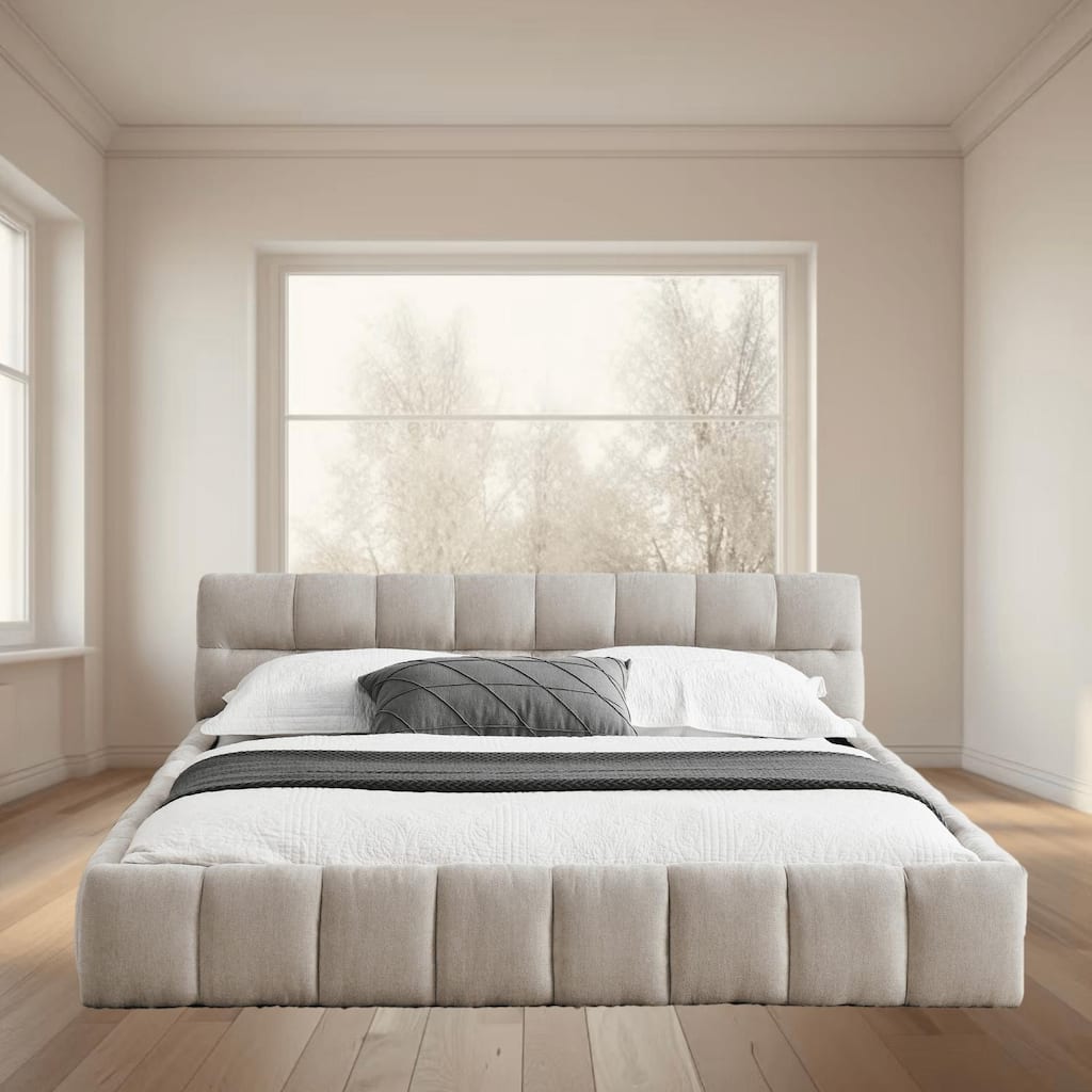 Queen Upholstered Platform Bed Frame with Chenille Fabric, Sturdy Frame, and Headboard, No Box Spring Needed, Bedroom Furniture