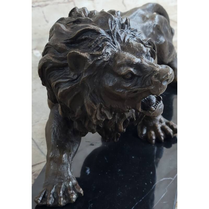 Bronze Sculpture Angry Hungry Male Lion Marble Base Figurine Art Deco Figure