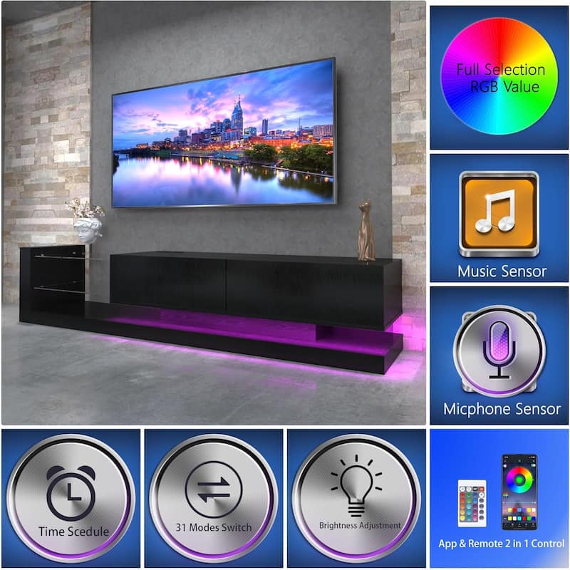 LED TV Stand for 55 65 75 Inch TV, Modern Entertainment Center Equipped with Power Outlet, 50 60 70 Inch TV Console for Homes
