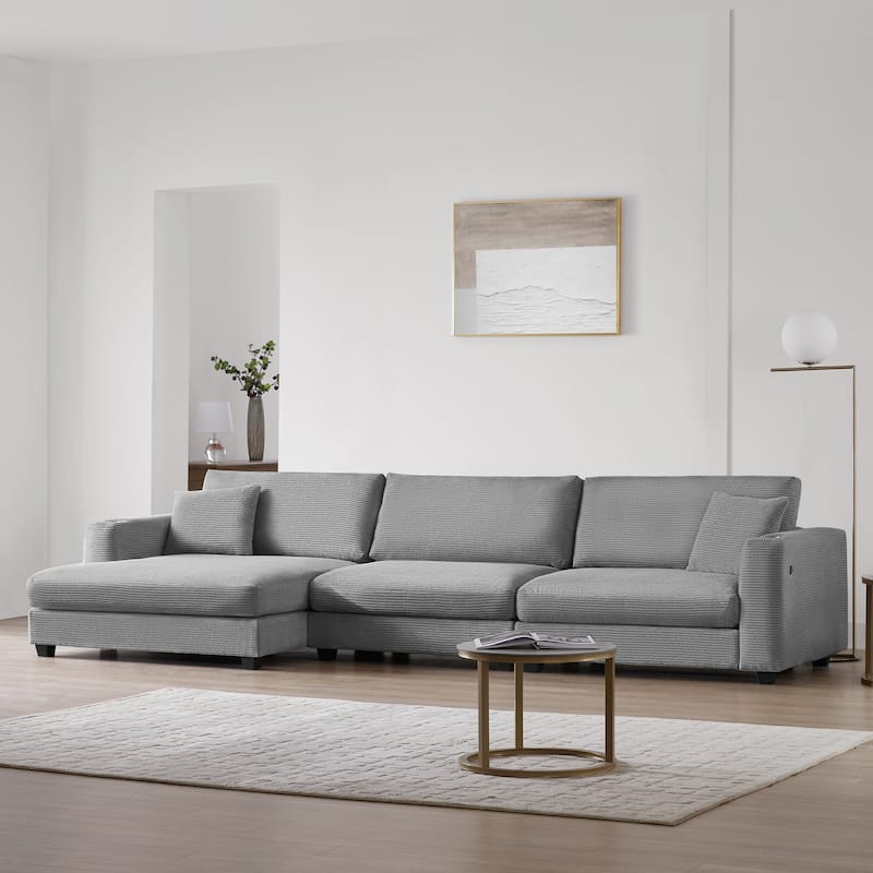 Large L-Shaped Cloud Couch in Gray Corduroy - Deep Seat Sofa Bed with USB, Cup Holder - Left Facing - Gray