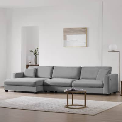 Modern L Shaped Cloud Couch with USB Charging, Cup Holder, and Deep Seat Chaise, Comfy Corduroy Sofa Bed for Living Room