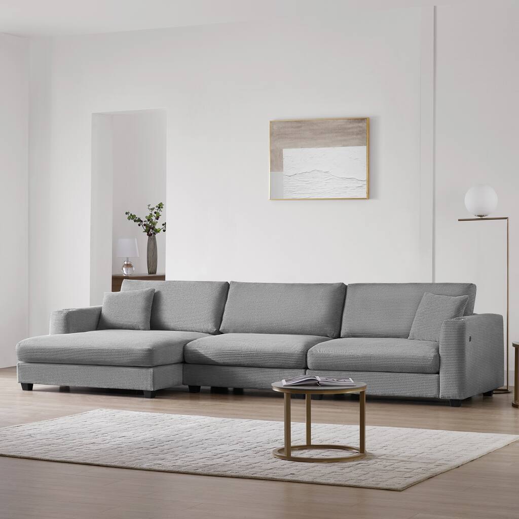 Oversized Corduroy Sectional Sofa,L Shaped Cloud Couch with USB Charging Port,Cup Holder,Deep Seat Sofa Bed with 50" Chaise