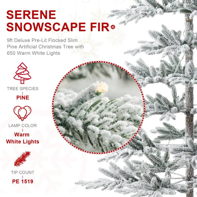 Glitzhome 6/7/9 FT Pre-Lit Flocked Slim Snowscape Fir Artificial Christmas Trees 2 or 3-Piece Set