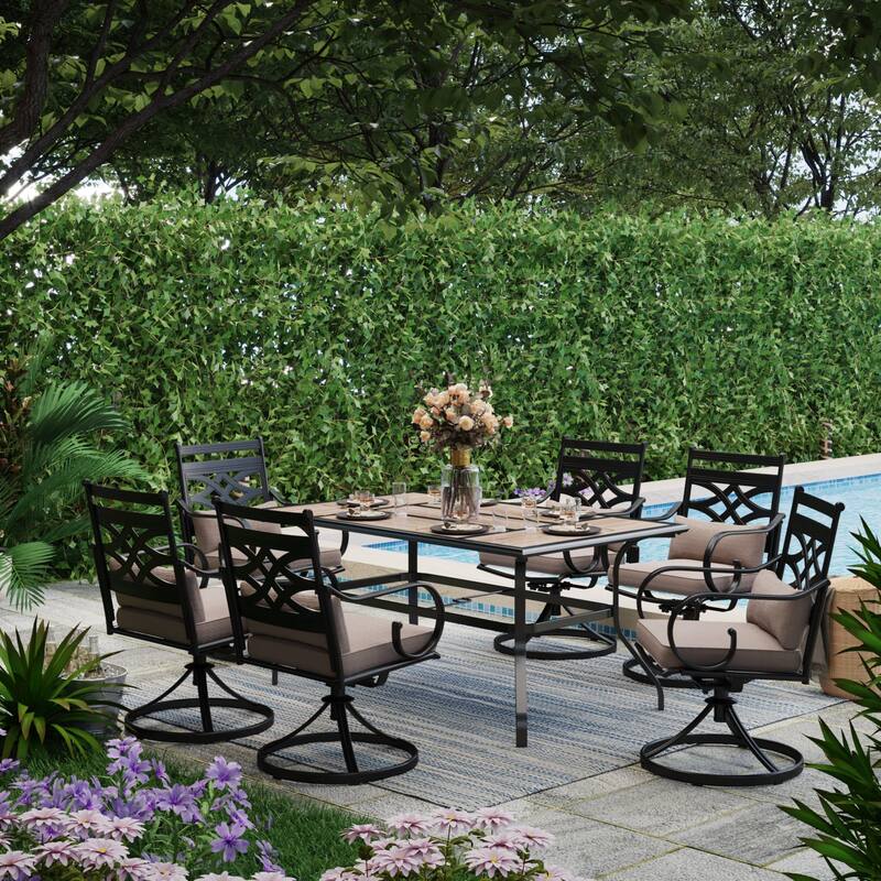 MAISON ARTS 7-Piece Outdoor Dining Set Geometric Rectangle Table & Elegant Cast Iron Pattern Swivel Dining Chairs