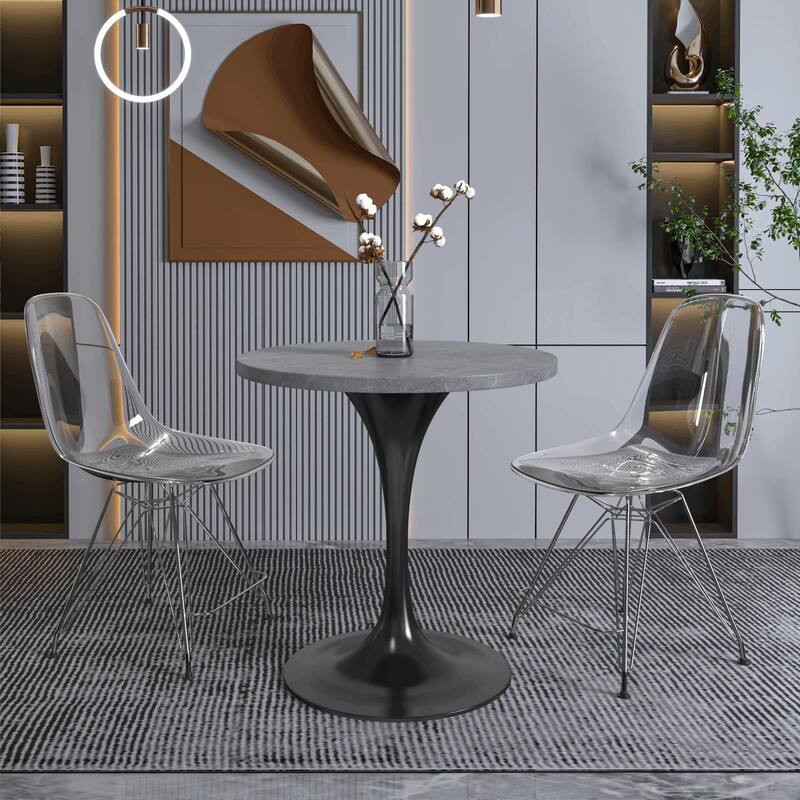 LeisureMod Verve 27" Round Dining Table with Sintered Stone TableTop and Black Steel Base for Kitchen & Dining Room - 27.56
