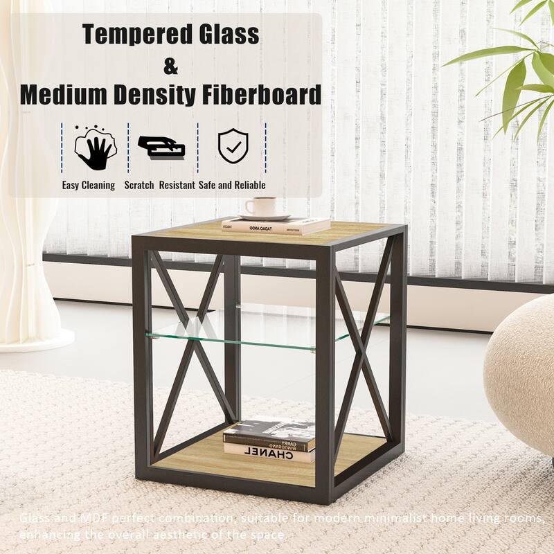 1 piece Modern End Table Nightstand, Tempered Glass&Natural Wood MDF Top ,Industrial Style Side Table